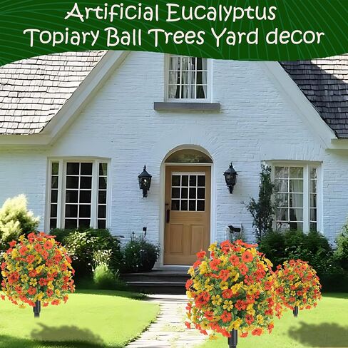 22.8" Set of 2 Fall Artificial Boxwood Topiary Ball with Spikes,UV Resistant Fake Outdoor shrubs with Violet Flowers, Faux Plants Bushes for Garden Front Porch Yard Patio(Yellow+Orange) in Saudi Arabia
