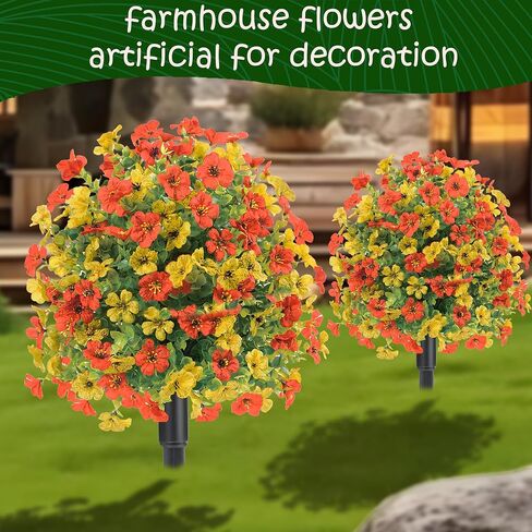 22.8" Set of 2 Fall Artificial Boxwood Topiary Ball with Spikes,UV Resistant Fake Outdoor shrubs with Violet Flowers, Faux Plants Bushes for Garden Front Porch Yard Patio(Yellow+Orange) in Saudi Arabia