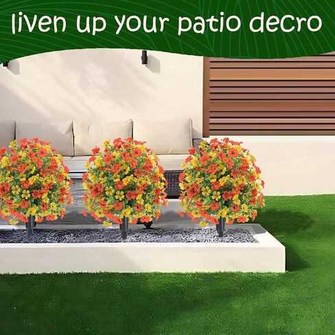 22.8" Set of 2 Fall Artificial Boxwood Topiary Ball with Spikes,UV Resistant Fake Outdoor shrubs with Violet Flowers, Faux Plants Bushes for Garden Front Porch Yard Patio(Yellow+Orange) in Saudi Arabia