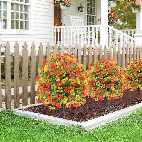 22.8" Set of 2 Fall Artificial Boxwood Topiary Ball with Spikes,UV Resistant Fake Outdoor shrubs with Violet Flowers, Faux Plants Bushes for Garden Front Porch Yard Patio(Yellow+Orange) in Saudi Arabia