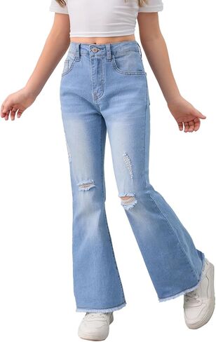 SHENHE Girl's High Waisted Flare Leg Jeans Split Raw Hem Denim Pants with Pockets in Kuwait
