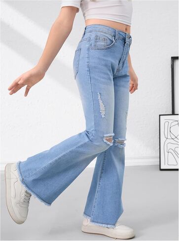 SHENHE Girl's High Waisted Flare Leg Jeans Split Raw Hem Denim Pants with Pockets in Kuwait