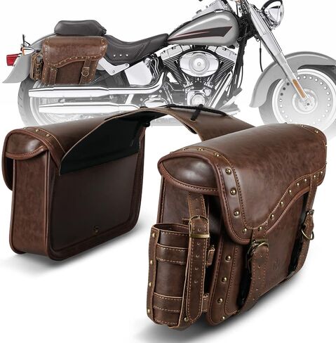 NICECNC Motorcycle Saddle Bags, PU leather Motorcycle Saddlebags, Reinforced Straps & Saddle Piece, with Cup Holder, Throw Over Saddle Bags Side Bags Universal Motorcycle Accessories, BROWN in Kuwait