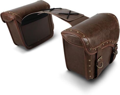 NICECNC Motorcycle Saddle Bags, PU leather Motorcycle Saddlebags, Reinforced Straps & Saddle Piece, with Cup Holder, Throw Over Saddle Bags Side Bags Universal Motorcycle Accessories, BROWN in Kuwait