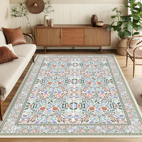 5 x 7 Area Rugs for Living Room, Washable Floral Vintage Rugs Non-Slip Ultra-Thin Indoor Green Boho Rug for Bedroom Kitchen Dining Room Nursery Office Stain Resistant Floor Carpet in Kuwait