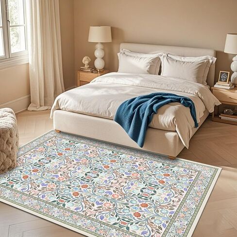 5 x 7 Area Rugs for Living Room, Washable Floral Vintage Rugs Non-Slip Ultra-Thin Indoor Green Boho Rug for Bedroom Kitchen Dining Room Nursery Office Stain Resistant Floor Carpet in Kuwait