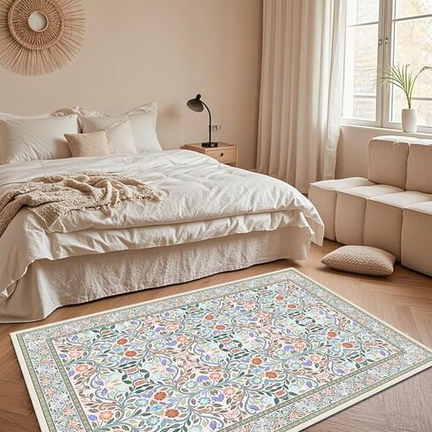 5 x 7 Area Rugs for Living Room, Washable Floral Vintage Rugs Non-Slip Ultra-Thin Indoor Green Boho Rug for Bedroom Kitchen Dining Room Nursery Office Stain Resistant Floor Carpet in Kuwait
