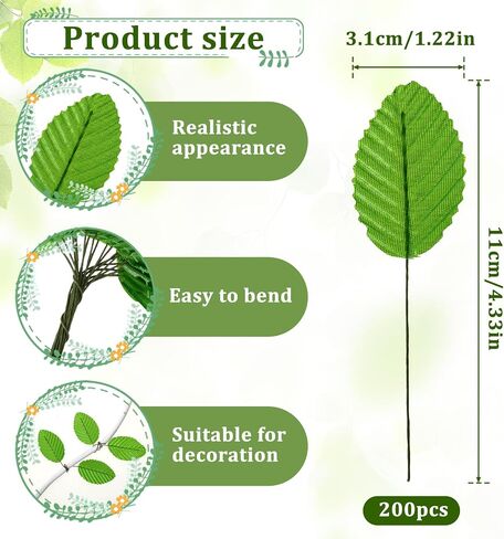 200 Pcs Green Leaves for Crafts, Silk Leaf Artificial Fabric Leaves Bulk, Faux Wired Single Rose Leaf Corsage Bouquet Wreaths Garlands Christmas Decorations in Saudi Arabia