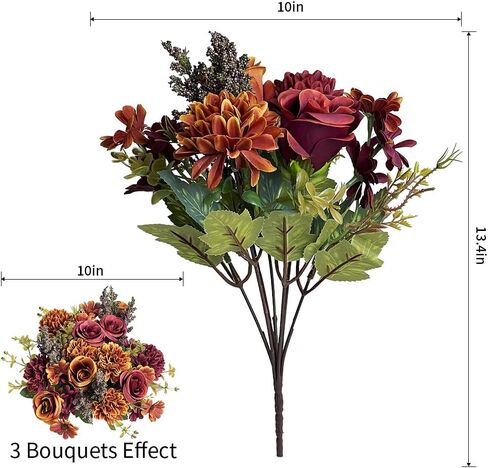 Artificial Fake Mums Flowers for Outdoors Decoration - 3 Bundles Faux Fall Chrysanthemum Rose Daisy Bouquet Silk Flower UV Resistant for Indoor Vase Party Table Decor in Saudi Arabia