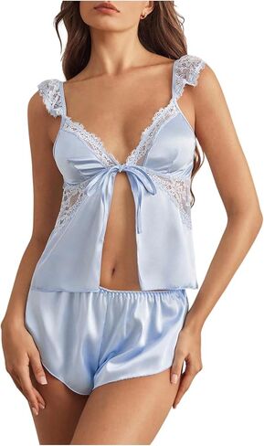 SHENHE Women's Satin Pajama Set Lace Trim Tie Front Cami and Shorts Silky Pjs Set Sleepwear in Saudi Arabia