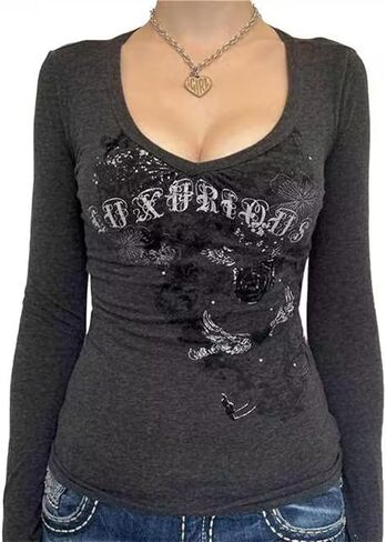 Women Long Sleeve Grunge Shirt Tops Y2K Graphic Aesthetic Gothic T Shirts Vintage Fairycore Tee Fall Clothes in Saudi Arabia