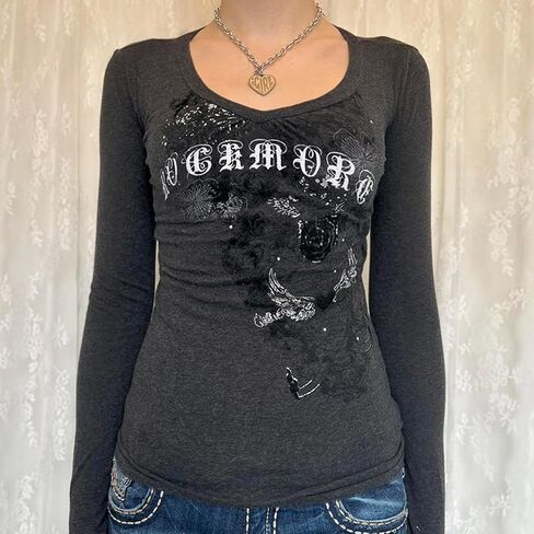 Women Long Sleeve Grunge Shirt Tops Y2K Graphic Aesthetic Gothic T Shirts Vintage Fairycore Tee Fall Clothes in Saudi Arabia