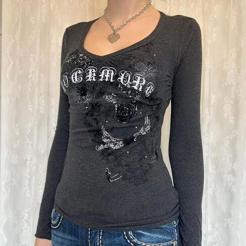 Women Long Sleeve Grunge Shirt Tops Y2K Graphic Aesthetic Gothic T Shirts Vintage Fairycore Tee Fall Clothes in Saudi Arabia