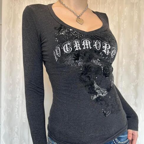 Women Long Sleeve Grunge Shirt Tops Y2K Graphic Aesthetic Gothic T Shirts Vintage Fairycore Tee Fall Clothes in Saudi Arabia