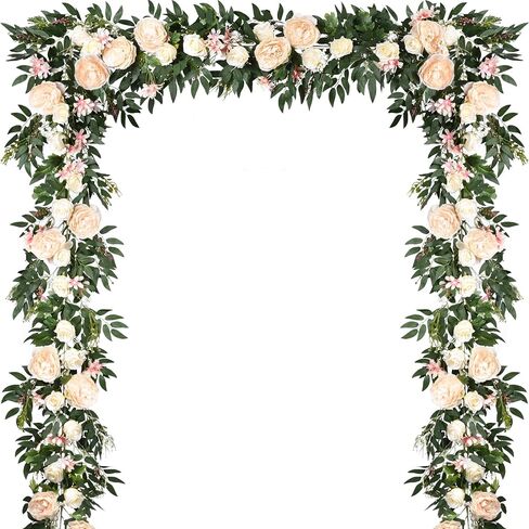 Lvydec 2 Pack Artificial Peony Flower Garland - 6ft Silk Peony Vine Willow Leaves Garland White Arch Flower Vine for Wedding Party Table Decoration (White) in Saudi Arabia