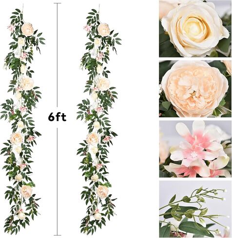 Lvydec 2 Pack Artificial Peony Flower Garland - 6ft Silk Peony Vine Willow Leaves Garland White Arch Flower Vine for Wedding Party Table Decoration (White) in Saudi Arabia