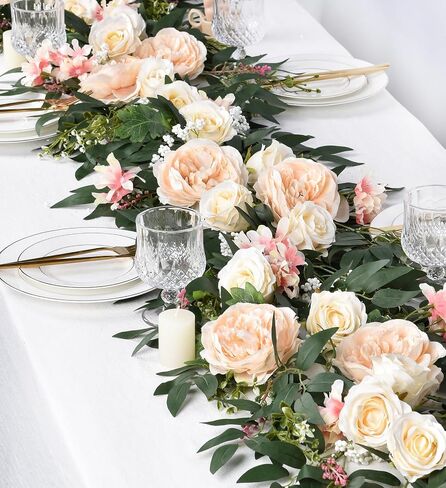 Lvydec 2 Pack Artificial Peony Flower Garland - 6ft Silk Peony Vine Willow Leaves Garland White Arch Flower Vine for Wedding Party Table Decoration (White) in Saudi Arabia
