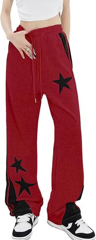 Women's Y2K Star Baggy Wide Leg Sweatpants with Pockets High Waist Drawstring Stripes Patchwork Pants in Saudi Arabia