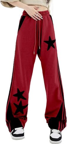 Women's Y2K Star Baggy Wide Leg Sweatpants with Pockets High Waist Drawstring Stripes Patchwork Pants in Saudi Arabia