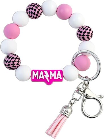 Mama Keychain Wristlet Silicone Beaded Bracelet Key Chain for Women Holder Car Keyring Accessories with Tassel in Saudi Arabia