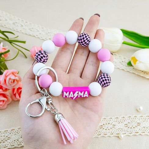 Mama Keychain Wristlet Silicone Beaded Bracelet Key Chain for Women Holder Car Keyring Accessories with Tassel in Saudi Arabia