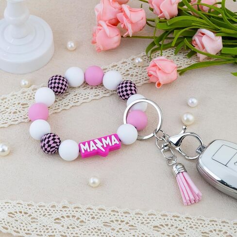 Mama Keychain Wristlet Silicone Beaded Bracelet Key Chain for Women Holder Car Keyring Accessories with Tassel in Saudi Arabia
