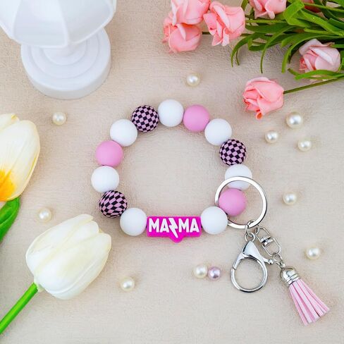 Mama Keychain Wristlet Silicone Beaded Bracelet Key Chain for Women Holder Car Keyring Accessories with Tassel in Saudi Arabia