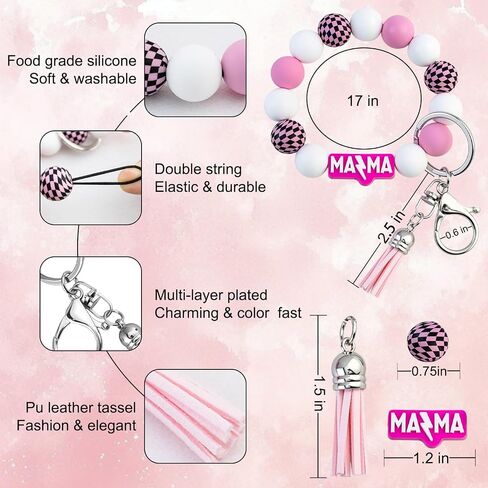 Mama Keychain Wristlet Silicone Beaded Bracelet Key Chain for Women Holder Car Keyring Accessories with Tassel in Saudi Arabia