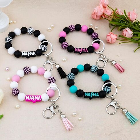 Mama Keychain Wristlet Silicone Beaded Bracelet Key Chain for Women Holder Car Keyring Accessories with Tassel in Saudi Arabia