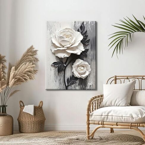 ZUGHRERF Black and White Rose Flower Canvas Wall Art Vintage Abstract Floral Picture Painting Artwork Blooming Flowers Poster Print for Living Room Bedroom Bathroom Home Decor Ready to Hang 16"X24" in Saudi Arabia
