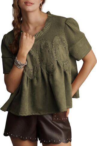 Women's Lace Detail Faux Suede Peplum Swing Tops Short Sleeves Crew Neck Babydoll Blouse in Saudi Arabia