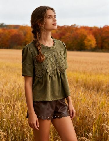 Women's Lace Detail Faux Suede Peplum Swing Tops Short Sleeves Crew Neck Babydoll Blouse in Saudi Arabia