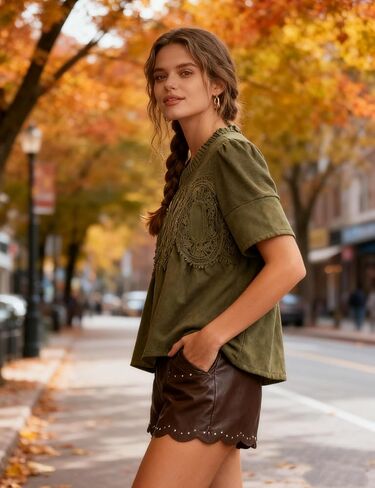 Women's Lace Detail Faux Suede Peplum Swing Tops Short Sleeves Crew Neck Babydoll Blouse in Saudi Arabia
