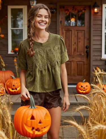 Women's Lace Detail Faux Suede Peplum Swing Tops Short Sleeves Crew Neck Babydoll Blouse in Saudi Arabia