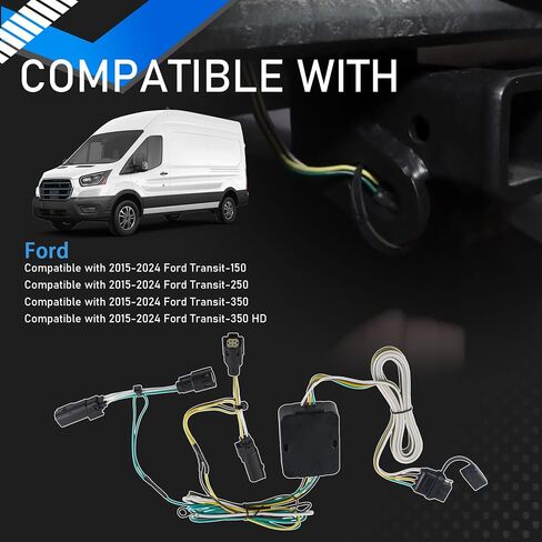 4-Pin Trailer Hitch Wiring Harness Kit Vehicle-Side Custom Compatible with 2015-2024 Ford Transit-150 250 350 HD Cargo Van Standard 4 Way Flat Trailer Connector Plug Replaces 56327 in Saudi Arabia