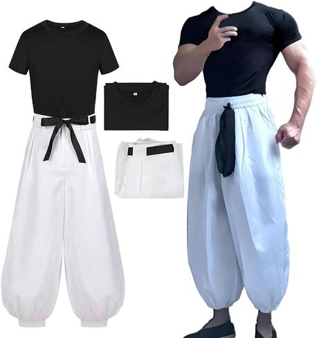 2PC Cosplay Costume Outfit White Pants Uniform Suit Black Top Full Set in Saudi Arabia