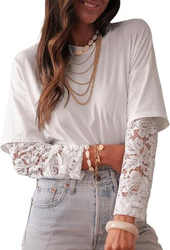 Acelitt Womens Mesh Long Sleeve Tops Crewneck Lace Blouse Shirts,S-XXL in Kuwait