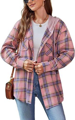 Mingzhu Womens Casual Hooded Flannel Plaid Shirts Button Down Hoodie Shacket with Pockets in Saudi Arabia