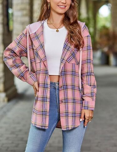 Mingzhu Womens Casual Hooded Flannel Plaid Shirts Button Down Hoodie Shacket with Pockets in Saudi Arabia