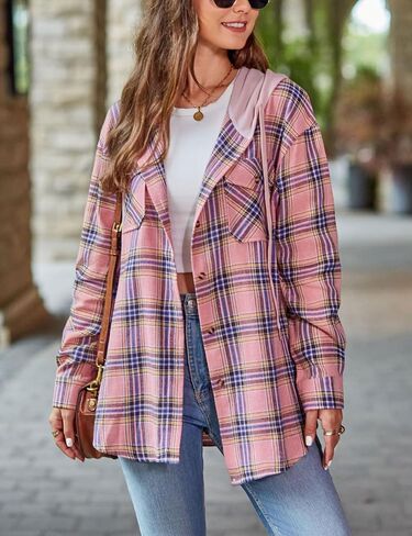 Mingzhu Womens Casual Hooded Flannel Plaid Shirts Button Down Hoodie Shacket with Pockets in Saudi Arabia