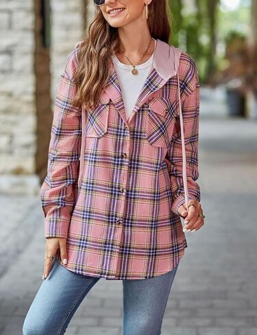 Mingzhu Womens Casual Hooded Flannel Plaid Shirts Button Down Hoodie Shacket with Pockets in Saudi Arabia