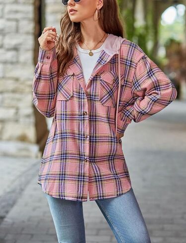 Mingzhu Womens Casual Hooded Flannel Plaid Shirts Button Down Hoodie Shacket with Pockets in Saudi Arabia