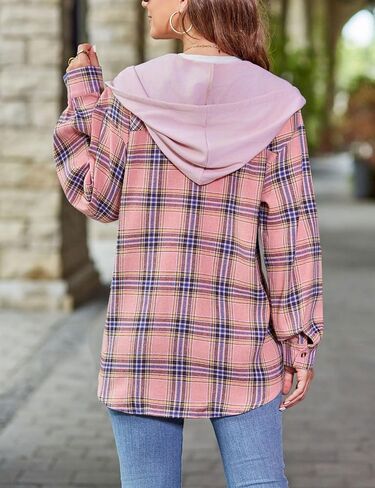 Mingzhu Womens Casual Hooded Flannel Plaid Shirts Button Down Hoodie Shacket with Pockets in Saudi Arabia