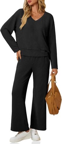 Tankaneo Womens 2 Piece Outfits Ribbed Pajama Sets V Neck Long Sleeve Loose Fit Tops Wide Leg Pants Sleepwear PJ Set in Saudi Arabia