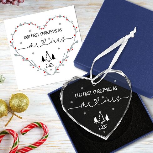 Christmas Wedding Gifts for Couples 2025 - Mr and Mrs - Bridal Shower Gifts for Newlywed Bride - Glass Christmas Birthday Ornaments 2025 with Card, First Christmas Married Ornament in Saudi Arabia