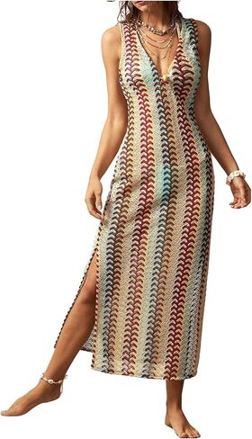 فستان طويل من GORGLITTER للنساء بوهو ذو ألوان متعددة من الكروشيه فستان صيفي لقضاء العطلات على الشاطئ وفلاحين فستان طويل بدون أكمام 2025 in Saudi Arabia