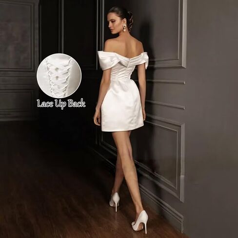 فستان مشد قصير خارج الكتف للنساء من الساتان فستان قصير لحفلات الزفاف مع فيونكة فستان بسيط لحفلات العودة للوطن أحمر 10 in Kuwait