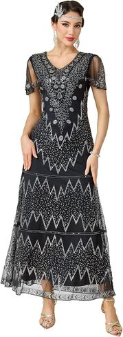 Women's Flapper Dress 1920s V-Neck Evening Gown Sequin Beaded Maxi Dress for Wedding in Saudi Arabia