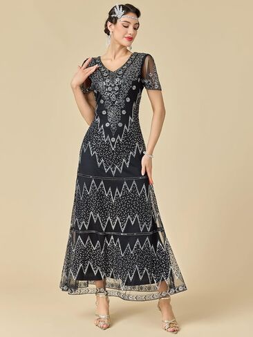 Women's Flapper Dress 1920s V-Neck Evening Gown Sequin Beaded Maxi Dress for Wedding in Saudi Arabia