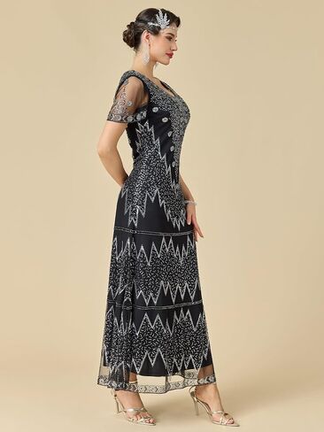 Women's Flapper Dress 1920s V-Neck Evening Gown Sequin Beaded Maxi Dress for Wedding in Saudi Arabia